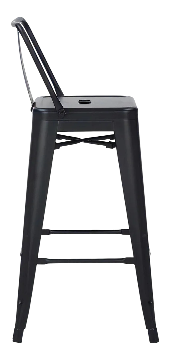 Taburete de bar de metal negro con respaldo pequeño.