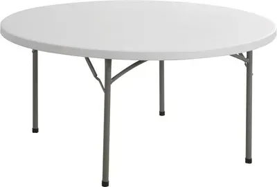 Mesa plegable redonda blanca con patas grises.