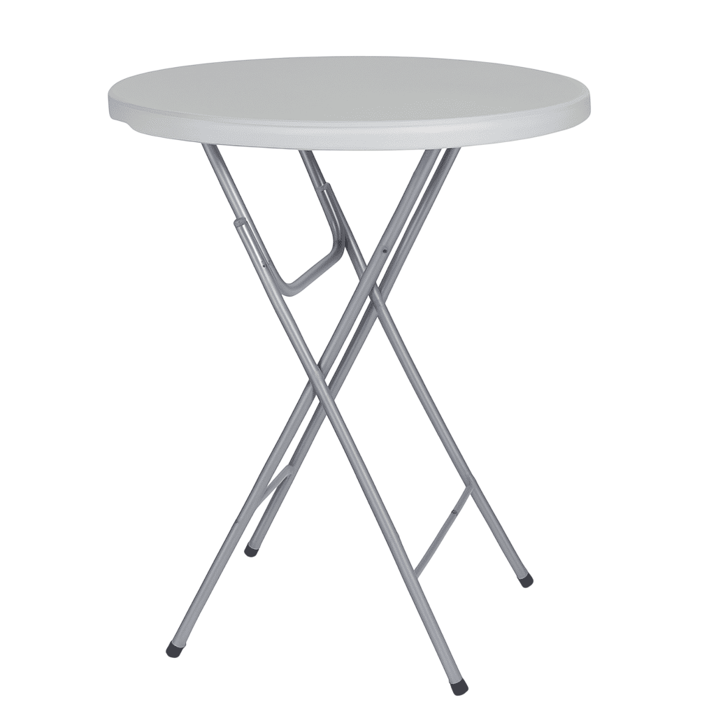 Mesa de cóctel plegable, redonda, de color blanco, con patas de metal gris, aislada.