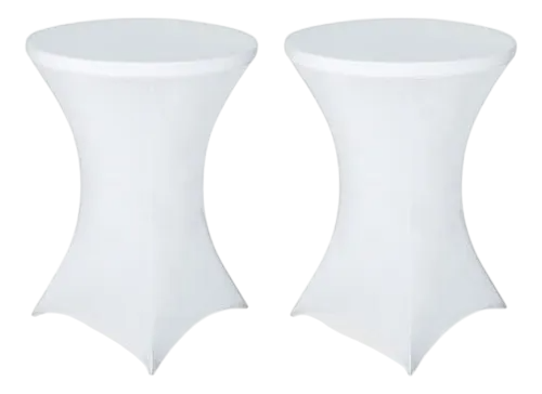 Mesa de cóctel plegable, redonda, de color blanco, con patas de metal gris, aislada.