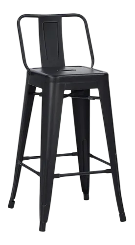 Taburete de bar de metal negro con respaldo pequeño.