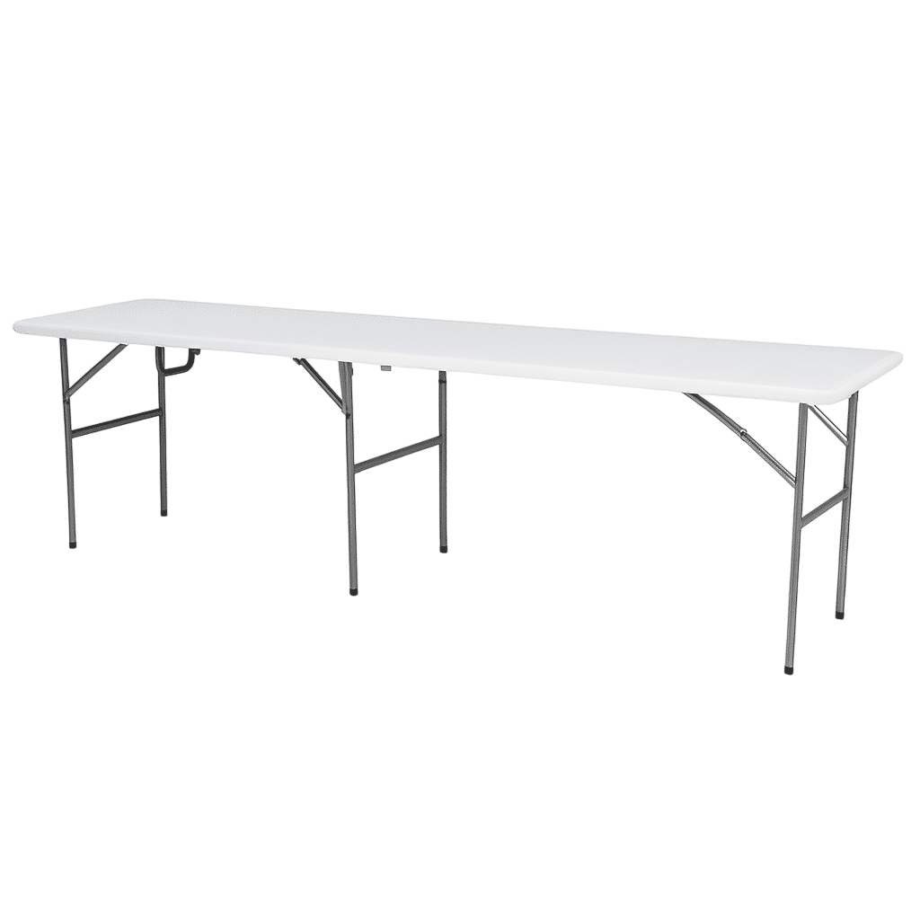Mesa plegable rectangular larga de color blanco con patas de metal.