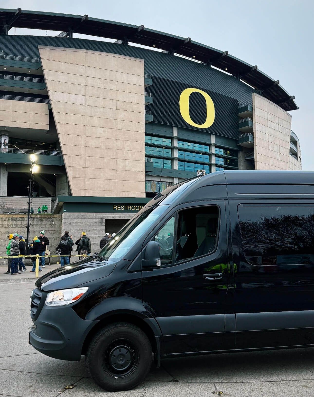 mercedes sprinter van out sight of the oregon ducks football stadium 