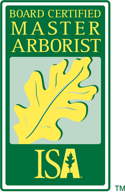 Board Certified Master Arborist logo: green rectangle with text, a yellow oak leaf, and ISA logo.