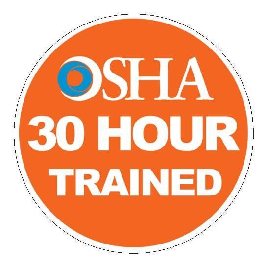 OSHA 30 Hour Trained badge in orange, white text, and OSHA logo icon.