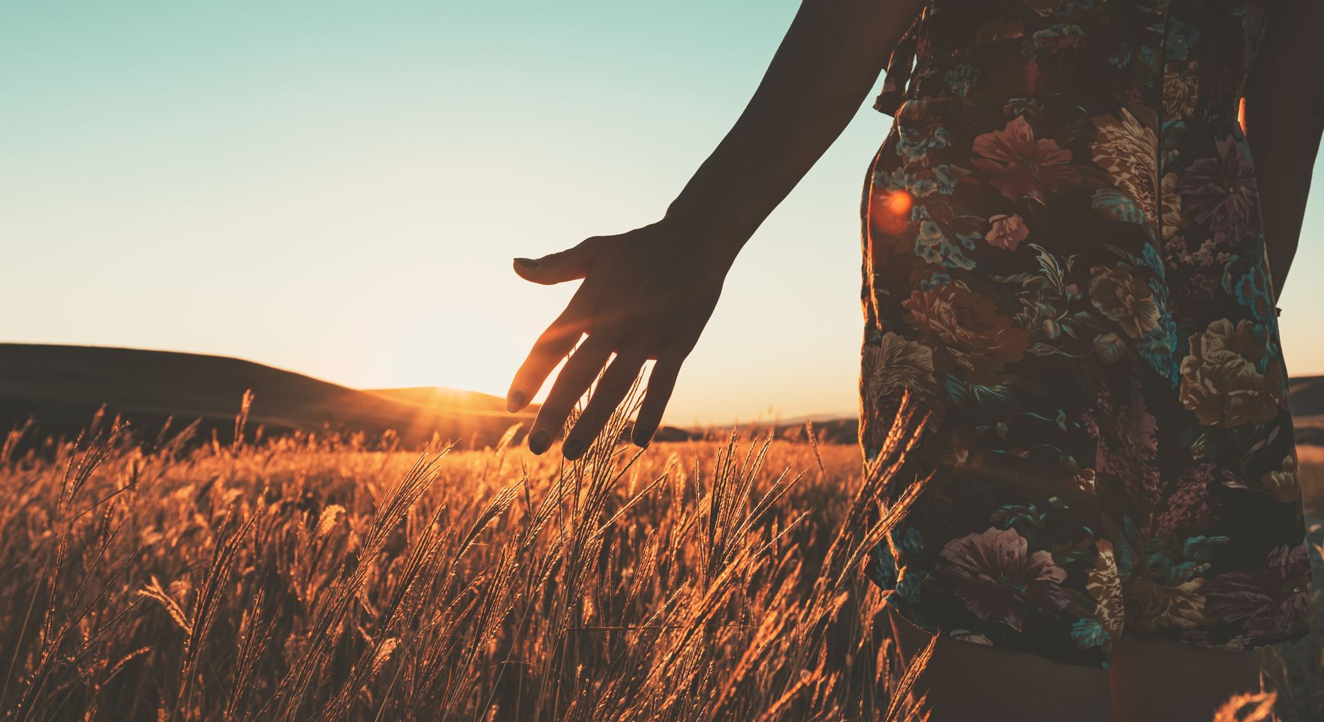 Woman in therapy session with counselor on sofa, writing notes. Woman's hand touching golden wheat field at sunset. Warm sunlight, peaceful scene.