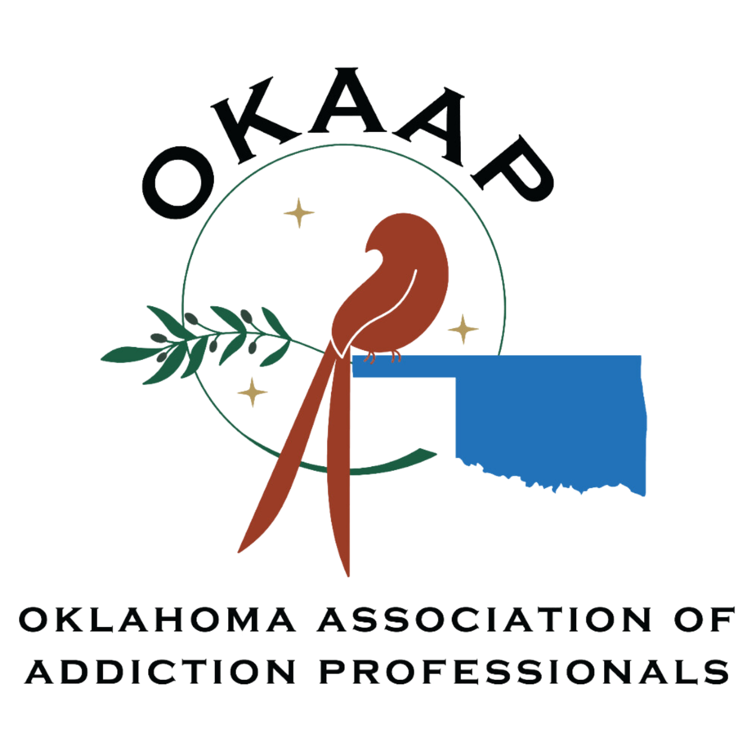 Logo for Oklahoma Association of Addiction Professionals. Features a brown bird, olive branch, Oklahoma outline, and text 