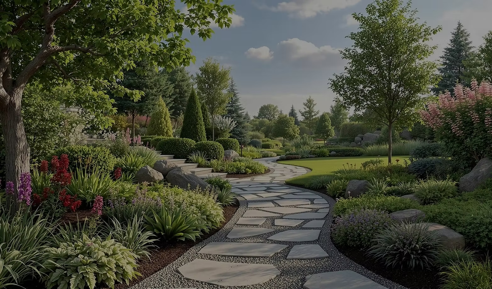 Stone path winding through a lush garden with colorful flowers, shrubs, and trees under a sunny sky