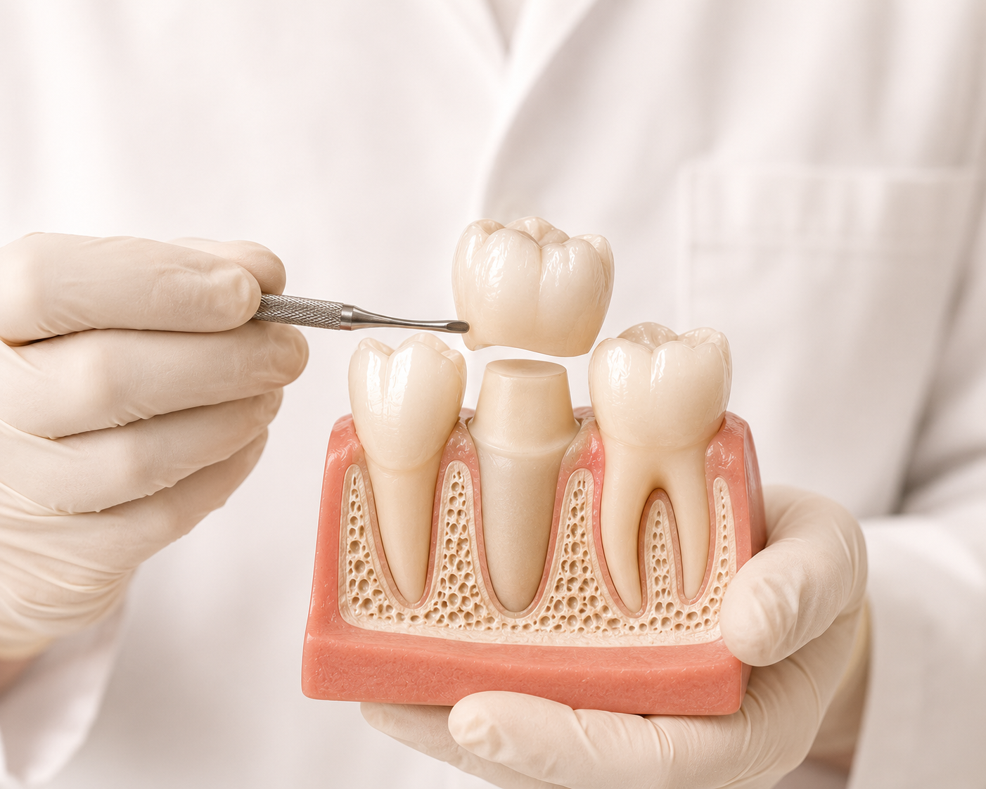 Dentist demonstrating a CEREC crown at Robert A. Lantzy DMD, Same-Day Crowns & Onlays in Newtown, PA