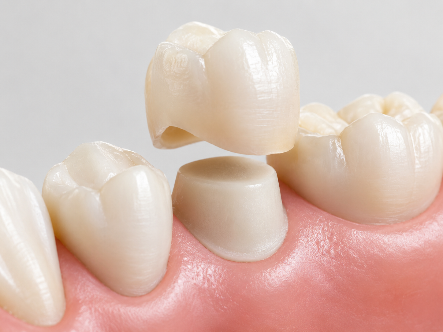 Ceramic dental crown on tooth model at Robert A. Lantzy DMD, Same-Day Crowns & Onlays in Newtown, PA