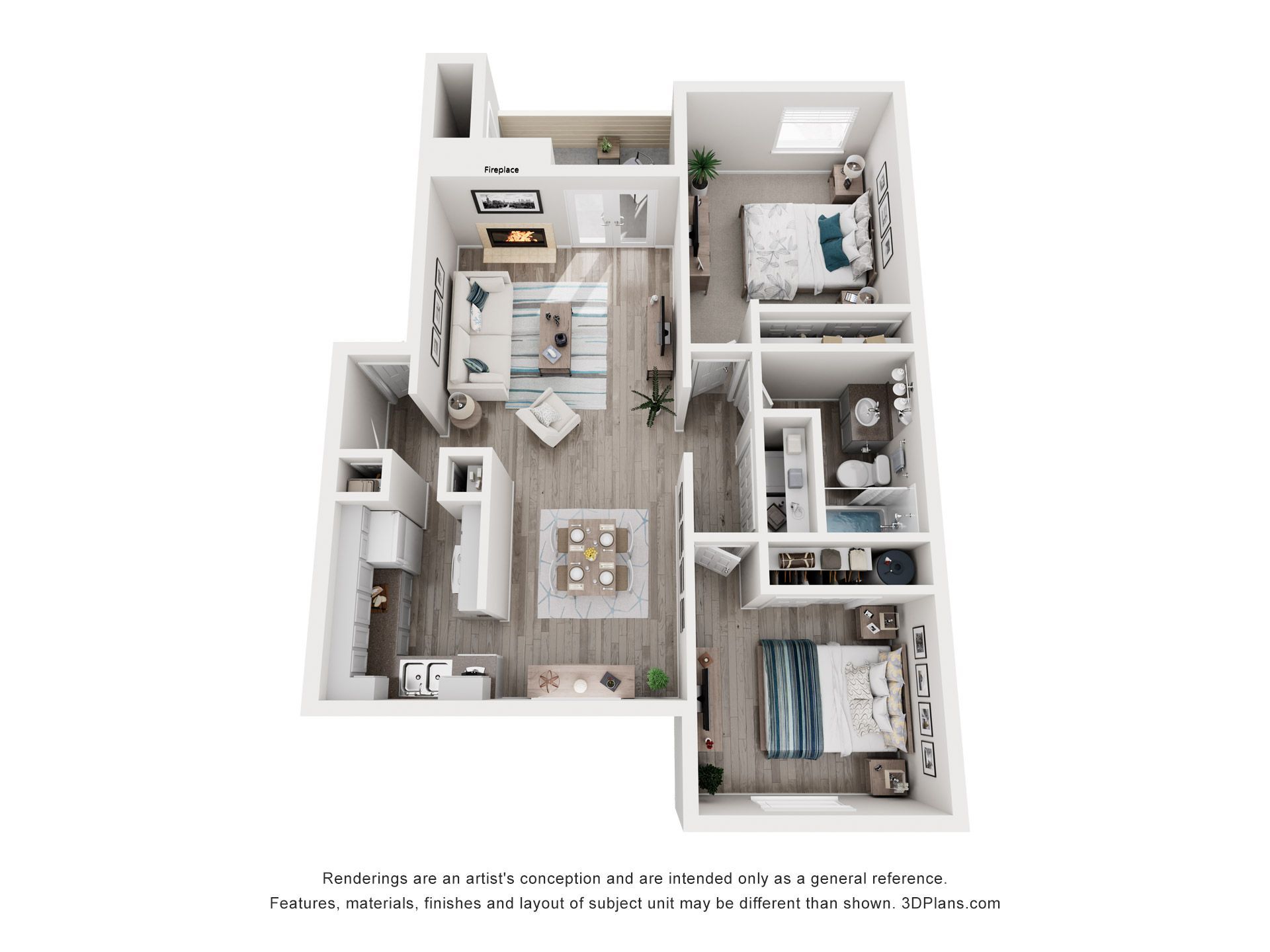 Floor plan of a modern apartment with two bedrooms, living room, and dining area.