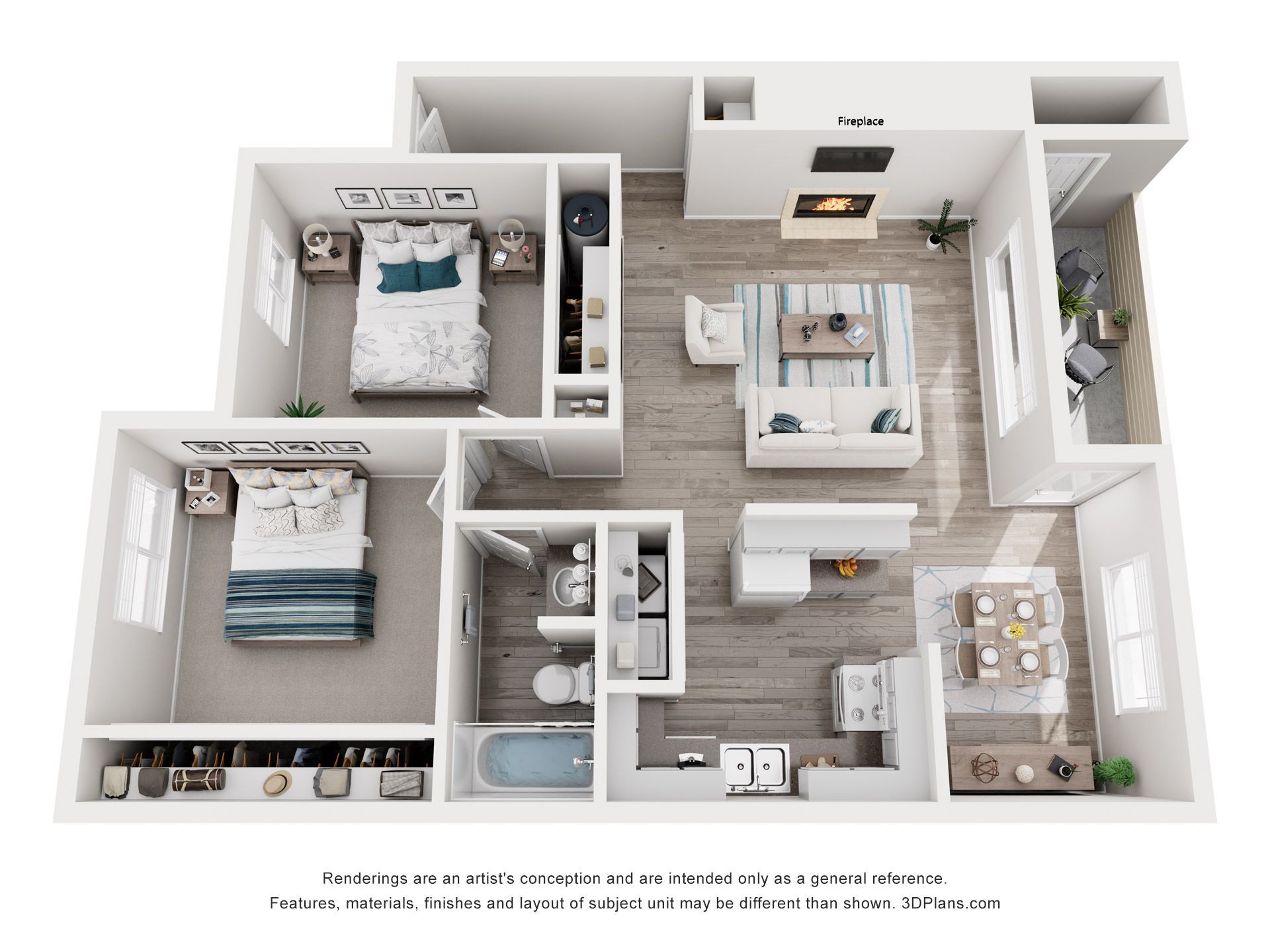 Floor plan of a two-bedroom apartment with living, dining, and kitchen areas; neutral color palette.
