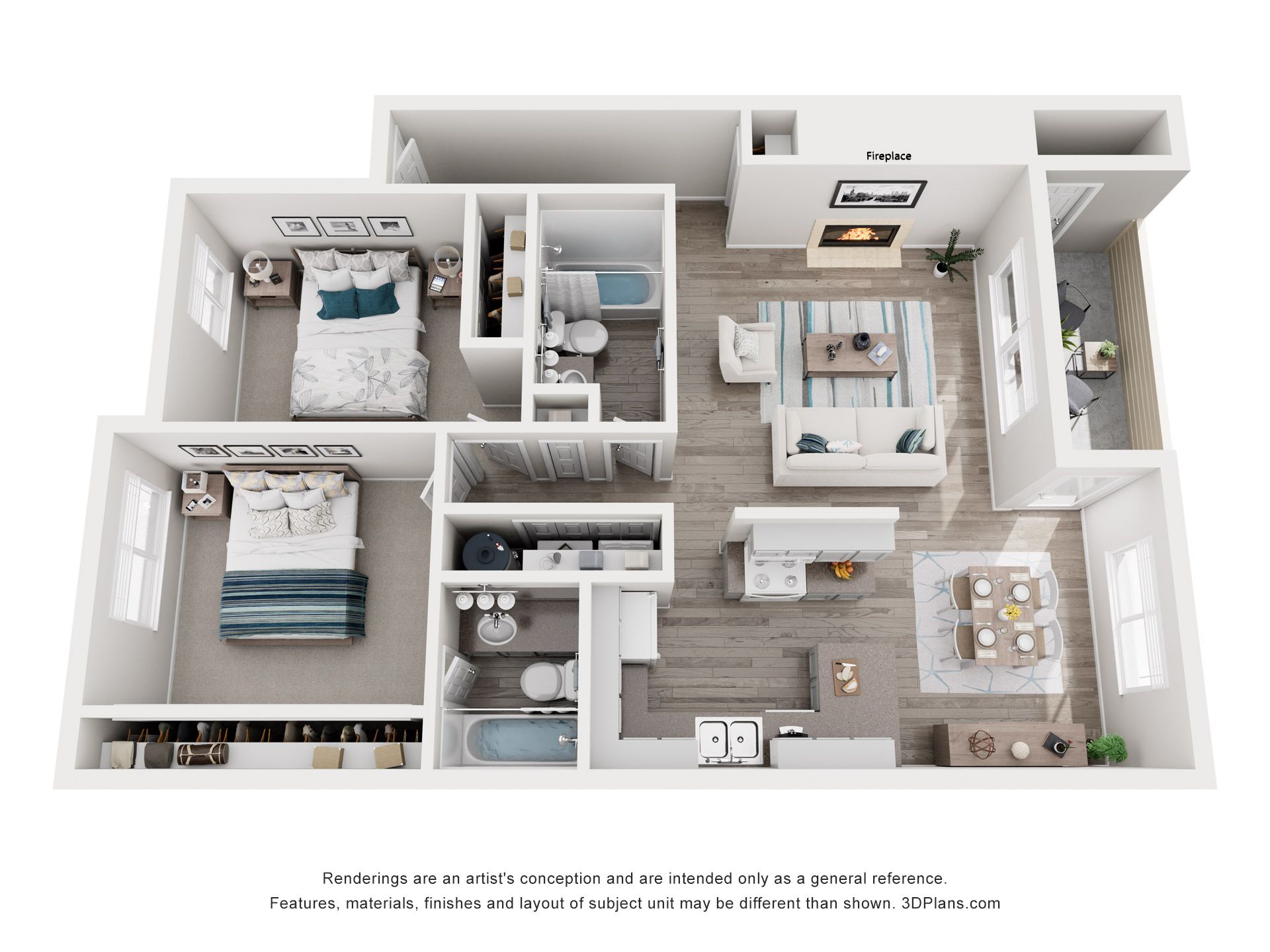 3D floor plan of a two-bedroom apartment with furniture, kitchen, living room, and bathrooms.