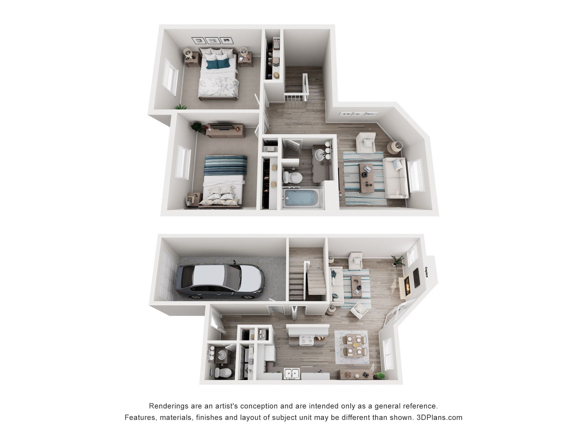 Floor plan of a multi-level townhouse, showing a garage, kitchen, living room, and bedrooms.