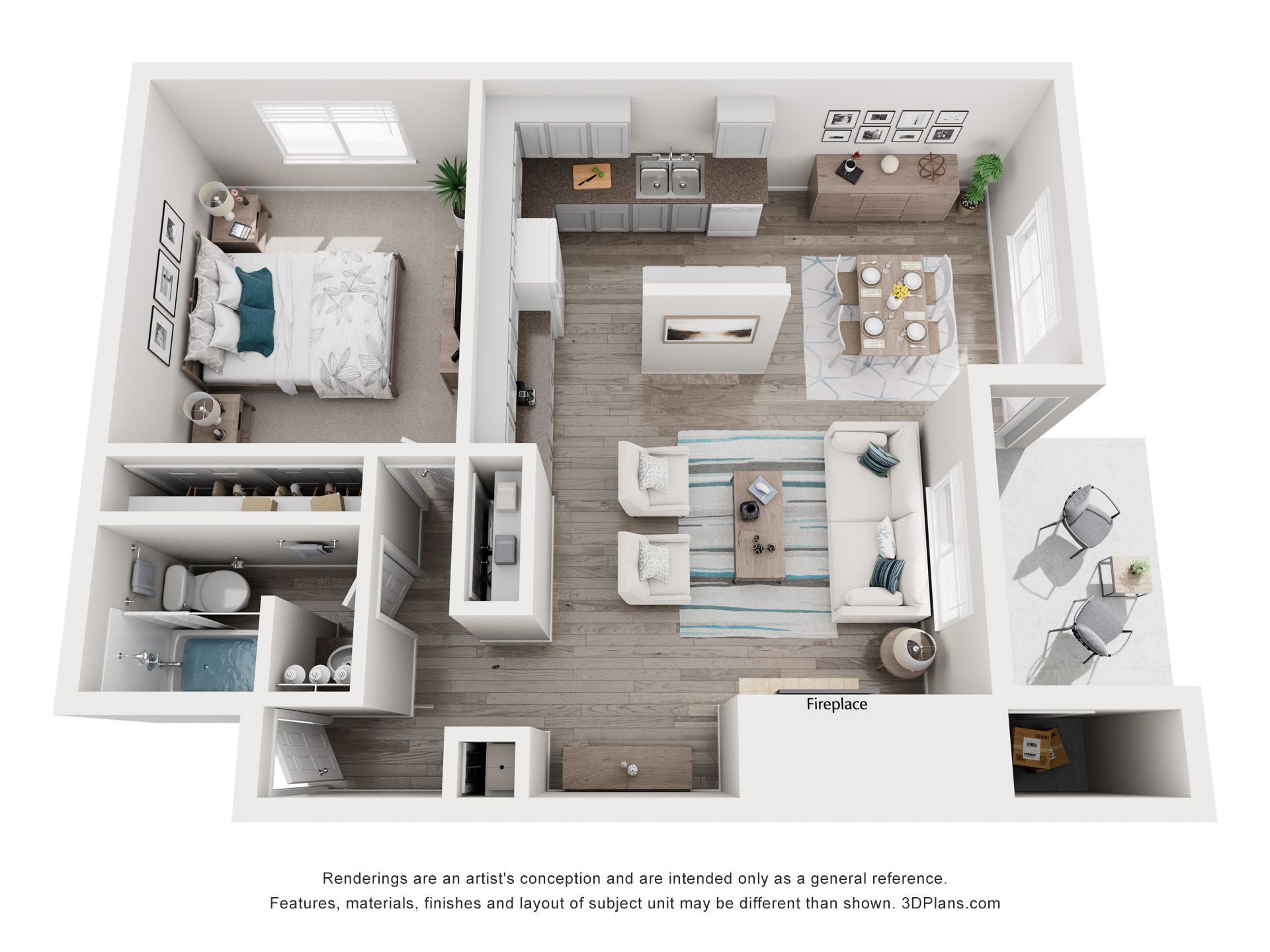 Floor plan of a one-bedroom apartment with living room, kitchen, bedroom, bathroom, and small balcony.