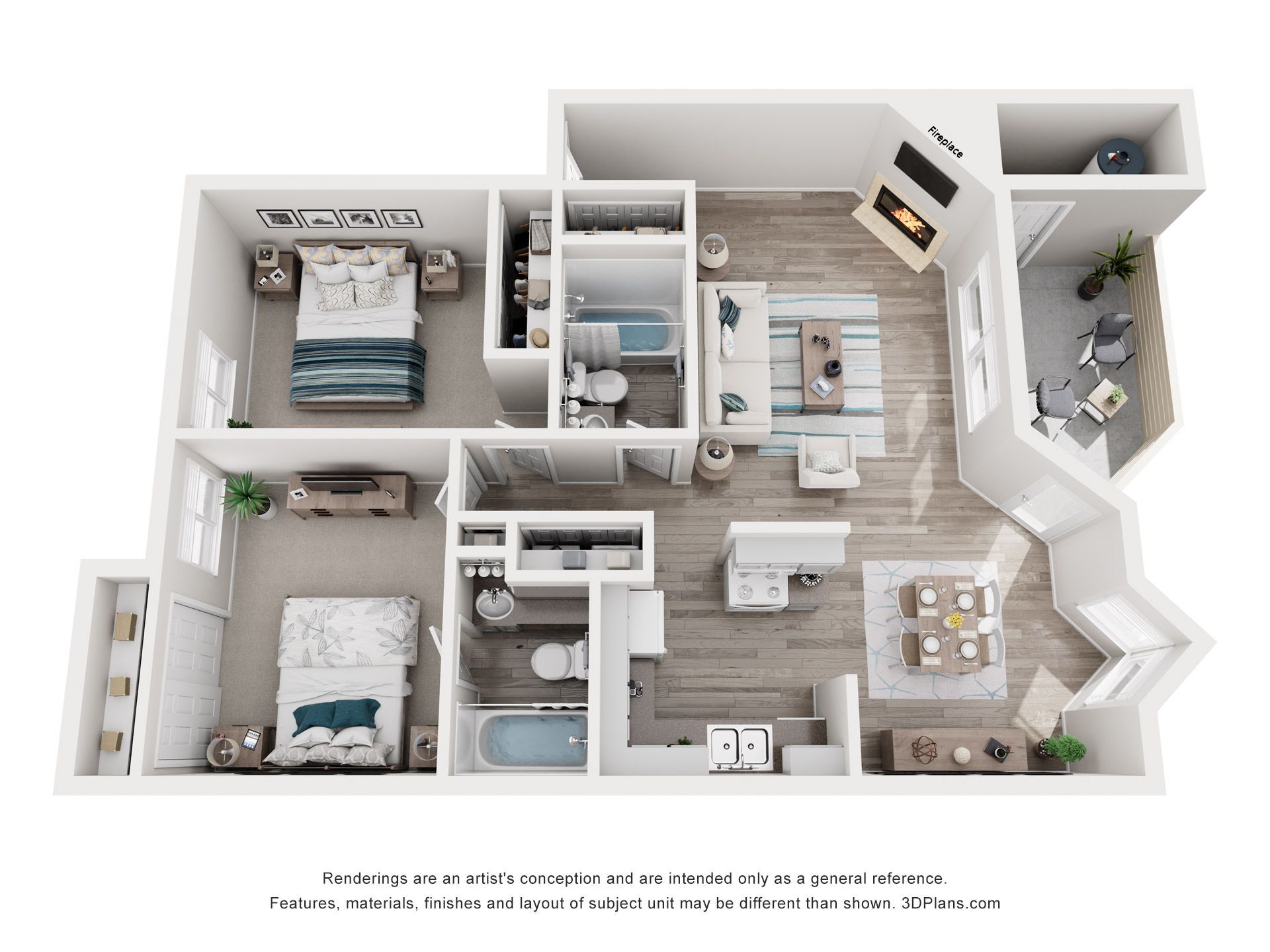 Floor plan of a two-bedroom apartment, showing furniture layout with a living room fireplace and dining area.