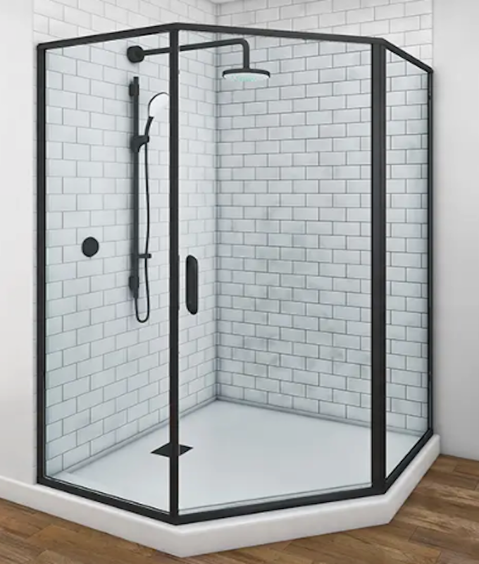 A shower stall with a swinging glass door in a bathroom