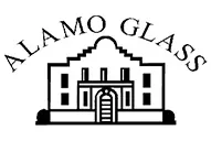 A black and white logo for alamo glass with a building in the middle.