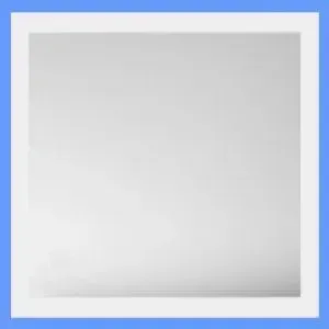 A square mirror with a white frame on a blue background