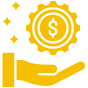 A hand is holding a gear with a dollar sign on it.