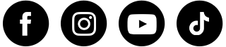 A set of social media icons in black circles on a white background.