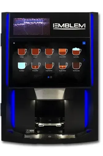 Black and blue coffee machine with touch screen and drink options displayed.