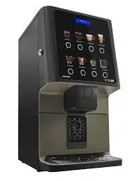 Black and silver coffee machine with a touch screen displaying drink options.