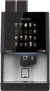Coffee machine with a touchscreen menu, two bean hoppers, and a cup dispenser.
