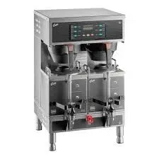 Commercial stainless steel coffee maker with two brewing stations and a digital control panel.