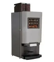 Coffee machine, gray and black, with a touchscreen and coffee bean hopper on top.