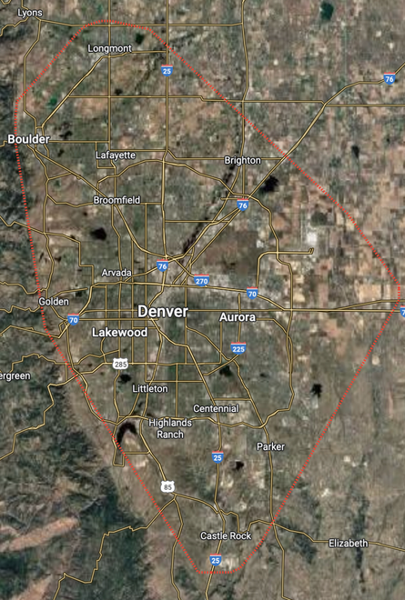 Satellite view of Denver, Colorado, outlined in red, showing major roads, cities, and surrounding terrain.