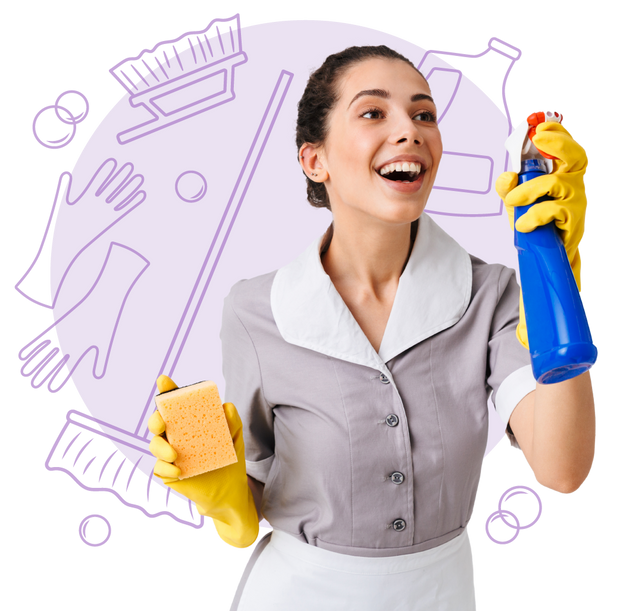 Portrait of a cheerful young housemaid dressed in uniform and rubber gloves holding sponge and a sprayer isolated over white background.