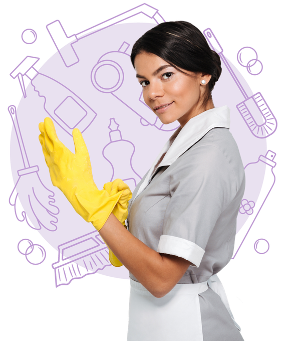 Portrait of young cheerful housekeeper wearing yellow rubber gloves while standing and looking at camera, isolated on white background.