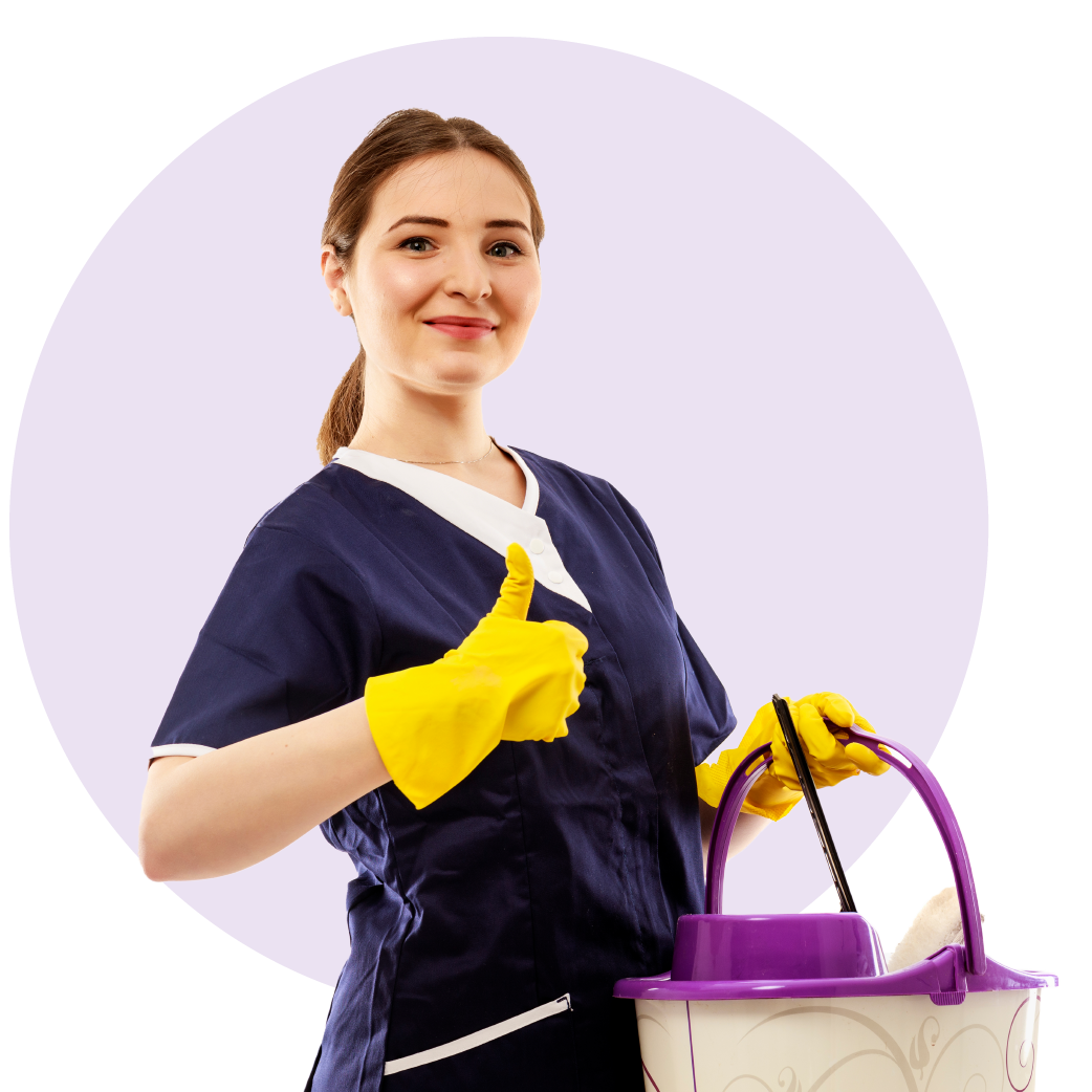 Woman finished cleaning showing a happy thumbs up after a successful spring cleaning. Beautiful model isolated on white background.