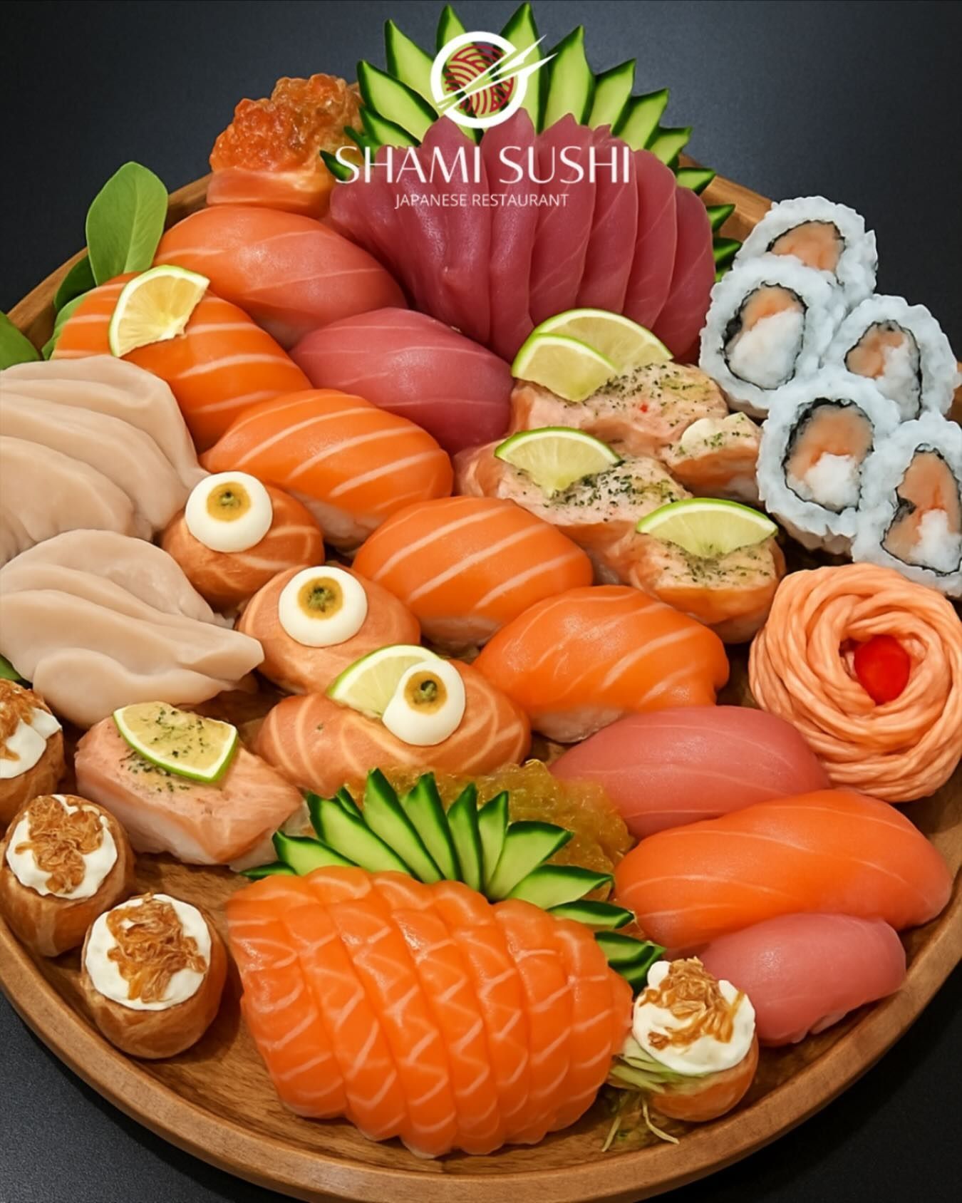 Piatto di sushi con vari nigiri, sashimi e involtini, disposti con guarnizioni su un vassoio di legno.