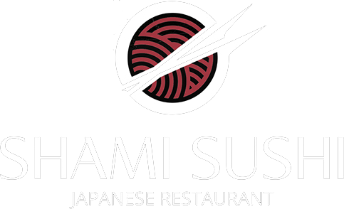 Logo del ristorante giapponese Shami Sushi: un cerchio con noodles, bacchette e testo bianco su sfondo bianco.