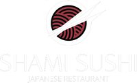 Logo del ristorante giapponese Shami Sushi: un cerchio con noodles, bacchette e testo bianco su sfondo bianco.