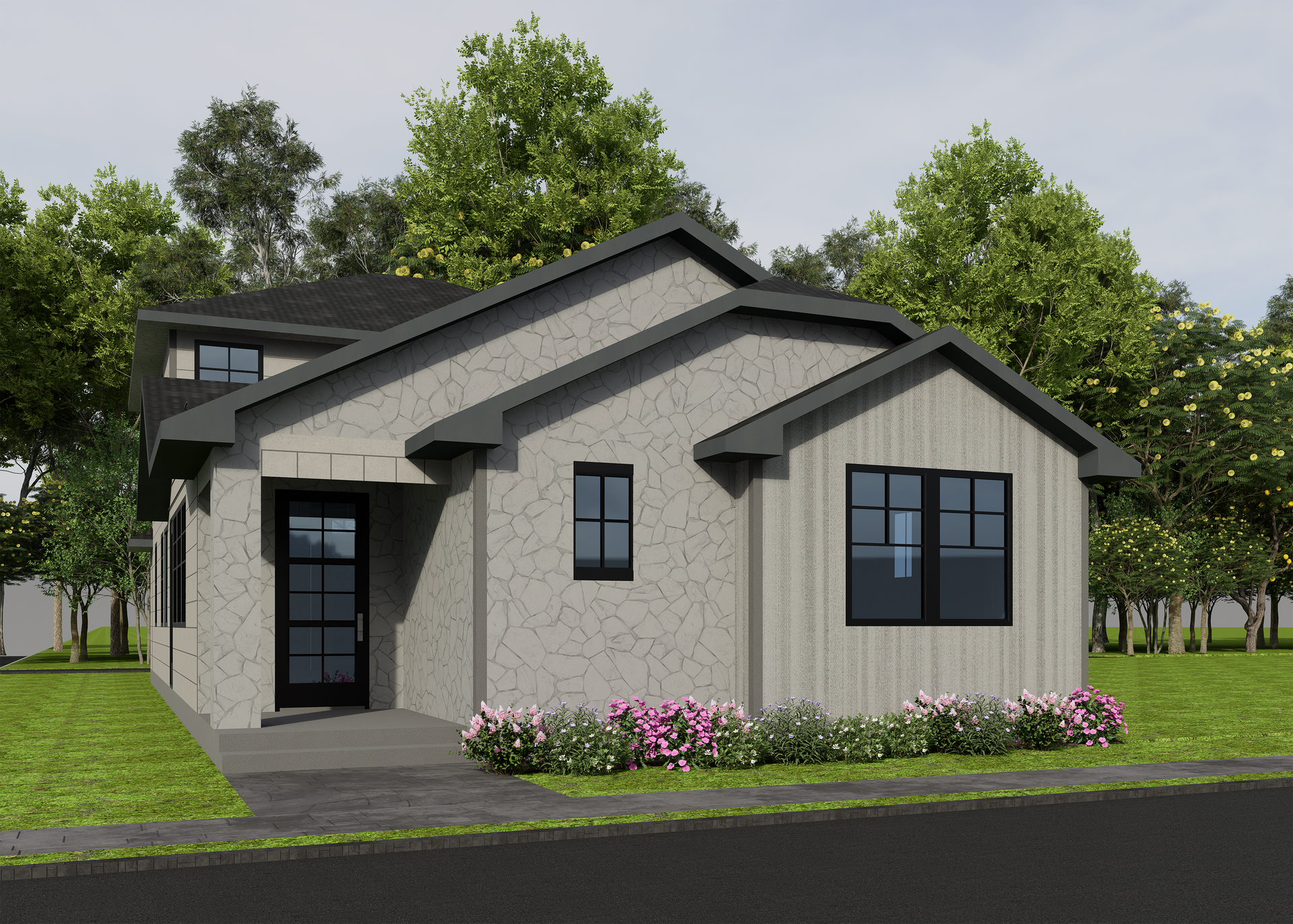 An artist 's impression of a house with a black roof and white siding.