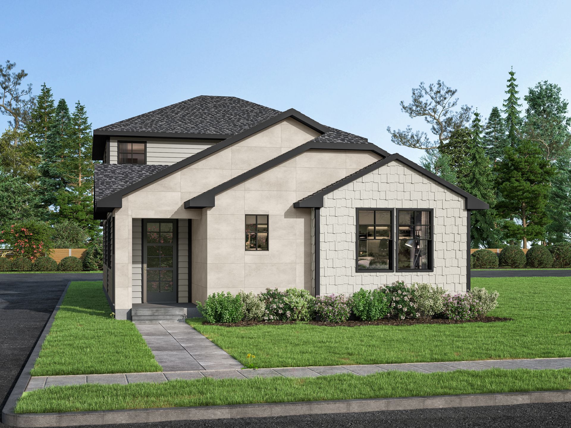 An artist 's impression of a house with a black roof and white siding.