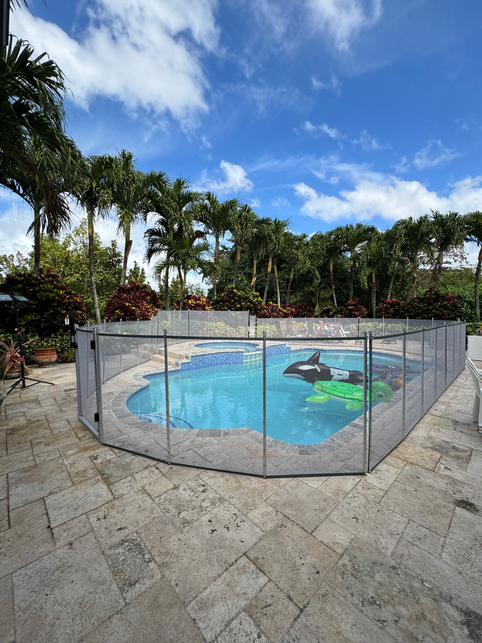 a swimming pool with a fence around it and palm trees in the background