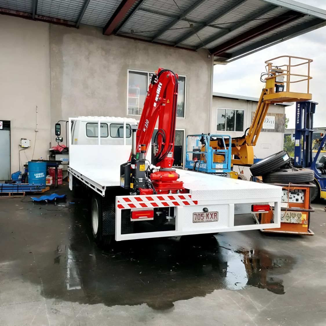 White Truck With a Red Crane on the Back — Turnweld Engineering in Coolum Beach, QLD