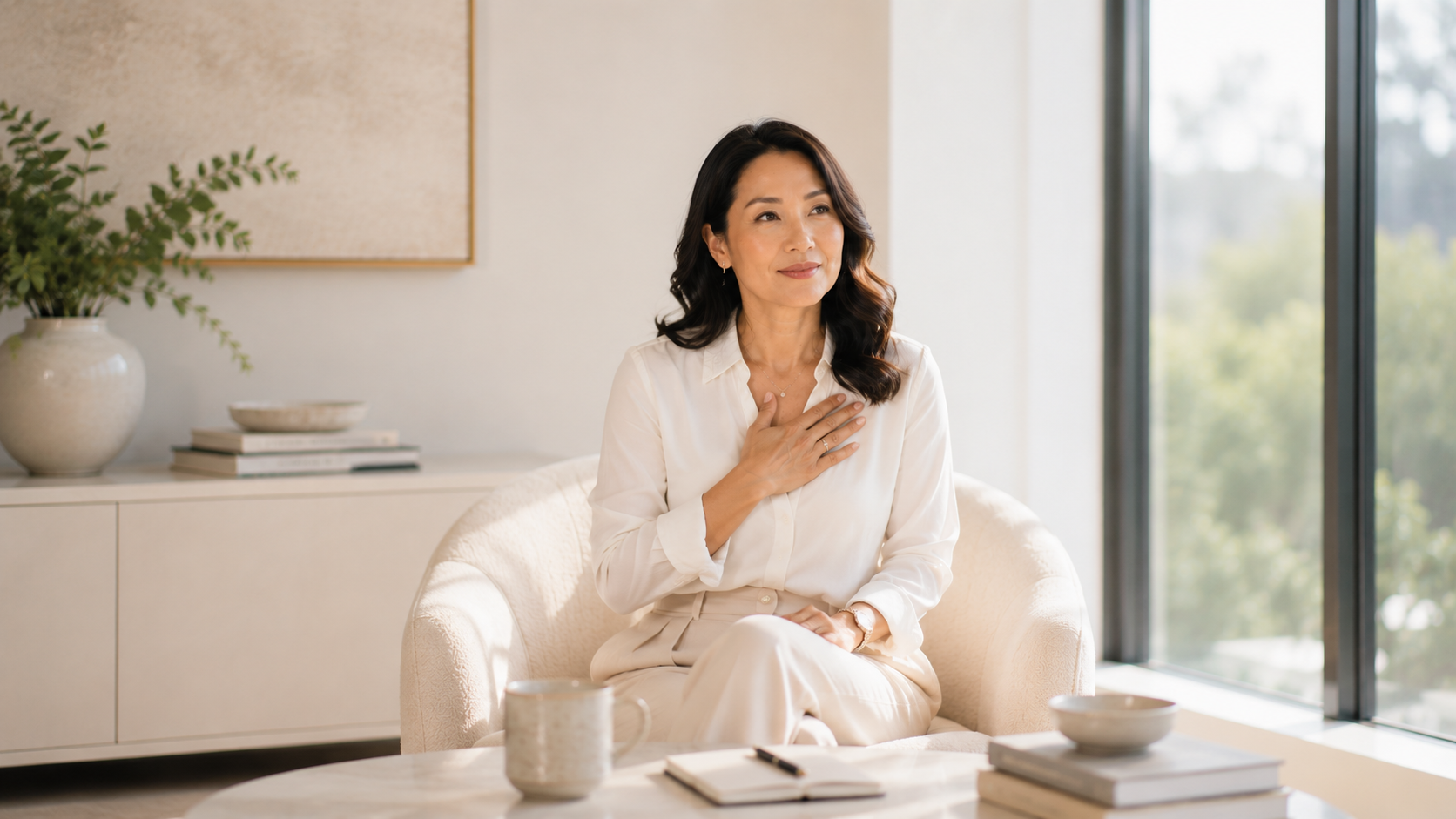 Person meditating cross-legged in a bright room, wearing a white top and beige pants.