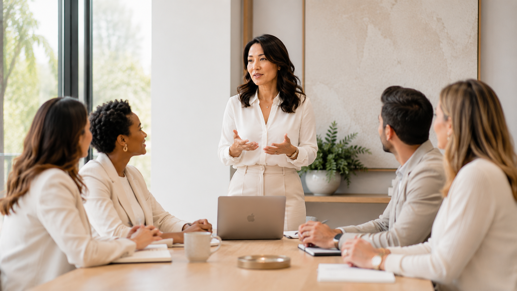 Business meeting with a presenter standing by a screen showing a bar chart in a conference room