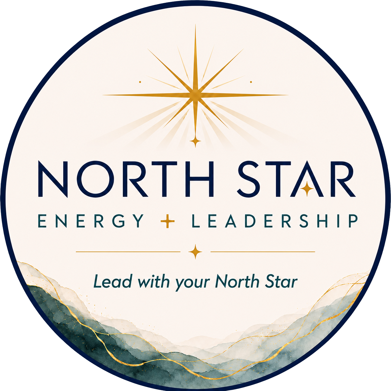 North Star Energy + Leadership logo in navy and gold with starburst and mountain landscape