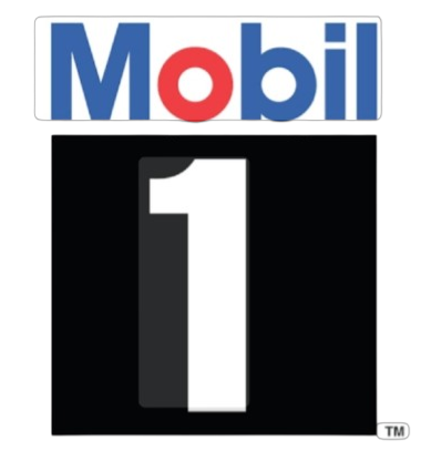 Mobil 1 logo: Blue and red "Mobil" text above a black square with a white "1" and gray shadow.