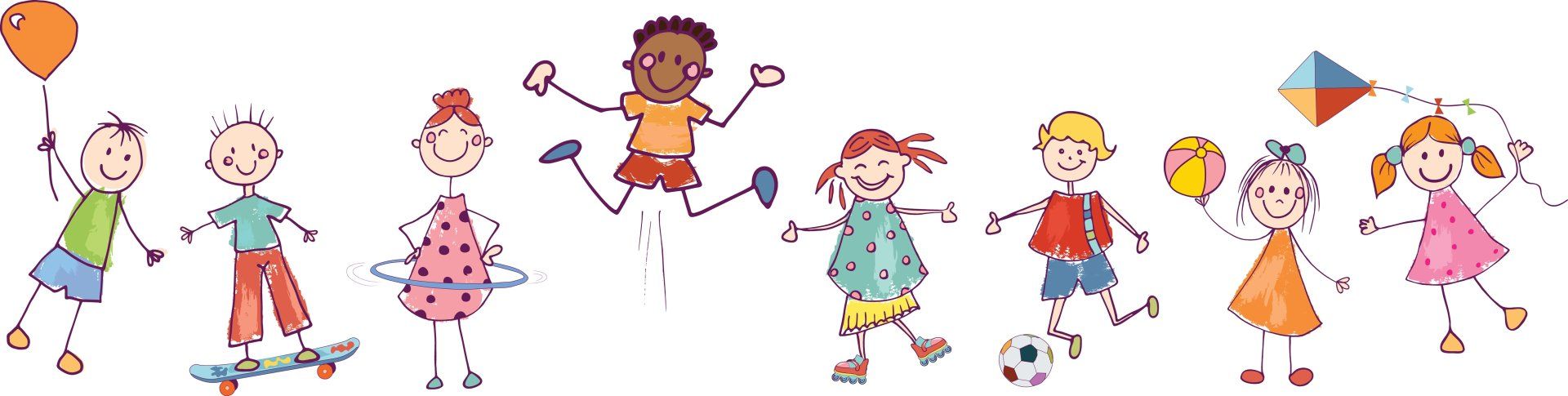 Children playing outdoors: A boy with a balloon, a girl on a skateboard, a boy jumping, and others with a soccer ball and kite.