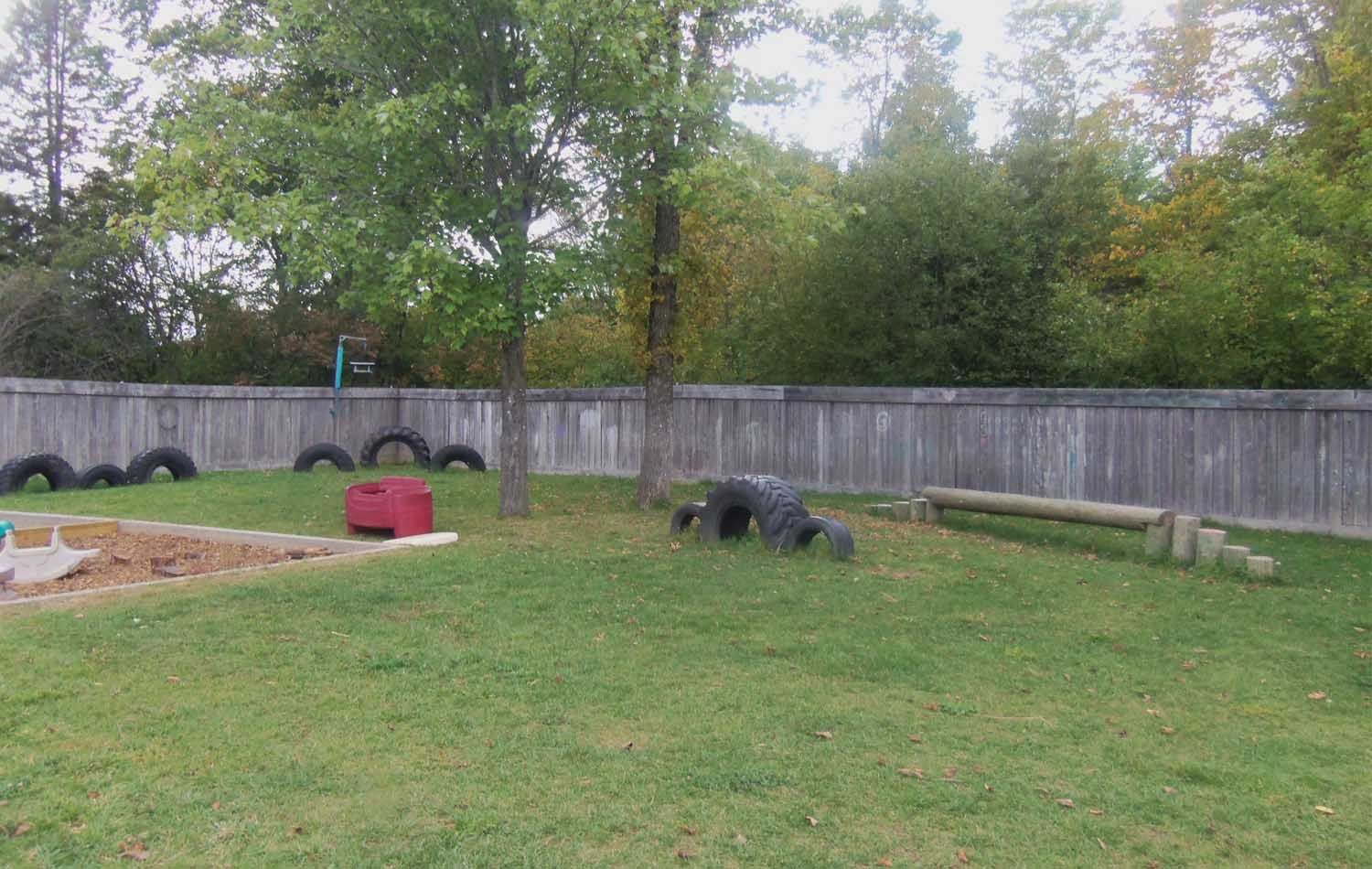 Grassy backyard with a wooden fence. A small tree grows in the middle, with tires, a red box, and a wooden beam used as play structures.