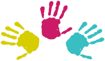 Three colorful handprints: yellow on the left, pink in the center, and teal on the right, likely symbolizing diversity or community.
