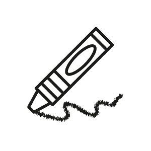 Black outline of a crayon angled to the right with a scribbled line coming from the tip.