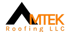 MTEK Roofing LLC logo with black roof icon and orange and gray text